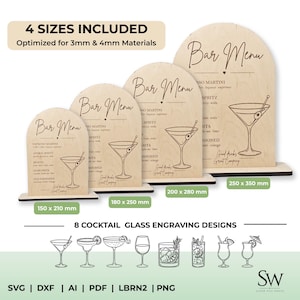 May include: Four arched wooden bar menu signs in sizes 150x210mm, 180x250mm, 200x280mm, and 250x350mm, optimised for 3mm and 4mm materials. The signs feature engraved text and a martini glass illustration. Eight additional cocktail glass engraving designs are shown below.
