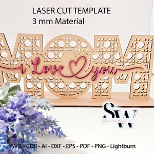 Klaar om te knippen Moederdagcadeaubestand, I Love You MOM-bordje digitale download, houten rotanpatroon voor 8 maart, Vrouwendag SVG, CDR Vector ai