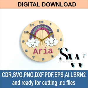May include: A wooden clock with a rainbow, clouds, and the name "Aria" on the face. The clock is designed for cutting with a laser cutter and comes in a variety of file formats, including CDR, SVG, PNG, DXF, PDF, EPS, AI, and LBRN2.