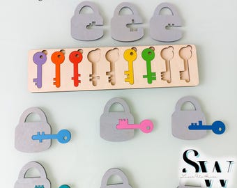 Digitale Datei: Schlüssel- und Schloss-Puzzle, Laserschnittvorlage für Kinder – Glowforge-Datei, Puzzles für Kinder (SVG), Montessori-Lernmaterial (DXF-Vektor)