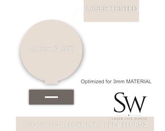 Placa redonda com suporte em SVG, arquivo para corte a laser de 3 mm, placa em branco de madeira e acrílico, modelo vetorial DXF para base de número de mesa circular para decoração de eventos.