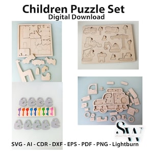 Puede incluir: Un juego de rompecabezas de madera para niños con el texto "Children Puzzle Set Digital Download". El juego incluye rompecabezas con temas de animales, construcción y llaves. Los rompecabezas son de madera clara.