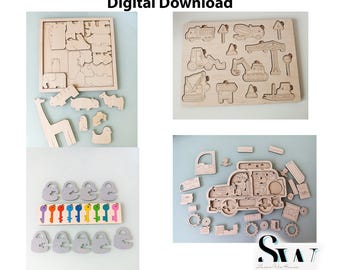 Children Puzzle Set SVG | Laser Cut Bundle | 3 Layered Car | Keys and Locks | Animals and Construction Machine DXF Files | Montessori Learn