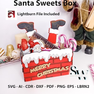 Arquivo digital Papai Noel na caixa de doces de chaminé, design SVG de Papai Noel, caixa de guloseimas para crianças, caixa de presente de Natal para crianças, DXF + EPS, todos os lasers