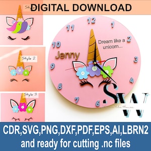 Laser Cut Datei Einhorn Kopf Uhr - 3 Styles personalisiert mit Name - Wanduhr für Mädchen Schlafzimmer oder Spielzimmer Dekor SVG Vorlage, PDF, AI