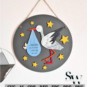 Rond SVG-bord voor babystatistieken met ooievaar | Lasergesneden bestand | Houten babynaambordje | Geboortekaartje SVG | Glowforge Ready Baby Milestone-bord