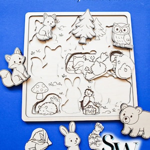 Digital File Woodland Puzzle 3 Layers, Laser Cut Template for Children - Glowforge File, Fun Coloring Project Play for Kids SVG DXF Vector