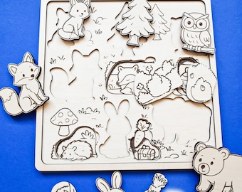 Digital File Woodland Puzzle 3 Layers, Laser Cut Template for Children - Glowforge File, Fun Coloring Project Play for Kids SVG DXF Vector
