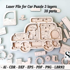 デジタル ファイル カー パズル 3 層、子供用レーザー カット テンプレート - Glowforge ファイル、子供向けパズル SVG、モンテッソーリ学習 DXF ベクター