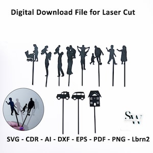 May include: Black silhouette cutouts of family members, vehicles, and a house on sticks. The image includes the text "Digital Download File for Laser Cut" and file type abbreviations: SVG, CDR, AI, DXF, EPS, PDF, and PNG.