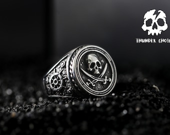 Silver pirate rings, skulls and crosses, vintage pirate signet rings, titanium pirate jewelry, gifts for seafarers' husband