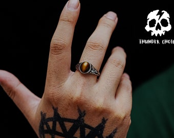 Vintage Fauvist Tiger's Eye Broken Signet Rings, Cool Guy Pinky Ring, Anniversary Gift for Him, Punk Oval Signet Rings, Gothic Handmade ring