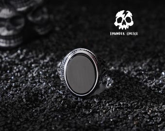 Black Onyx Signet Rings - Men's Signet Rings - Black Gemstone Rings - Turquoise Signet Rings - Silver Titanium Steel Rings - Gifts for Men