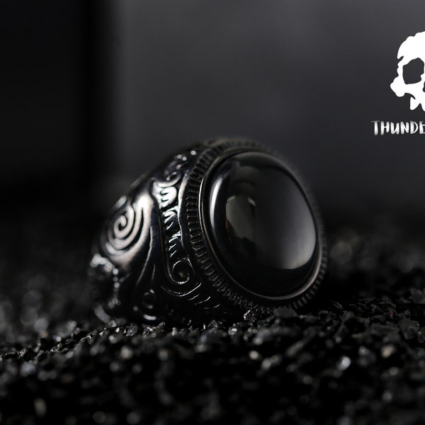 Black Onyx Signet Rings - Men's Signet Rings - Black Gemstone Rings - Turquoise Signet Rings - Silver Titanium Steel Rings - Gifts for Men