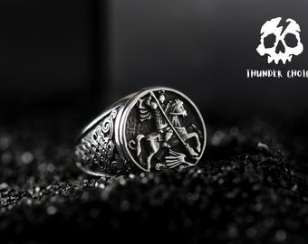 Men Silver Knight Signet Ring - Knight In Armour Horse Ring - Patterned Art Men Streetwear Signet Ring - Floral Roman Ring - Viking Ring