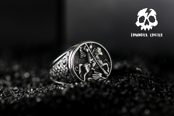 Men Silver Knight Signet Ring - Knight In Armour Horse Ring - Patterned Art Men Streetwear Signet Ring - Floral Roman Ring - Viking Ring