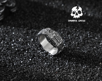 Star Ring, Gothic Wide Band Ring, Biker Jewelry Gift for Men Women, Halloween Gift
