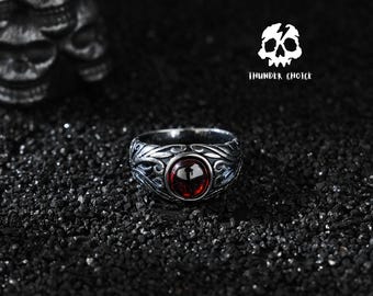 Vintage Gothic Red Gemstone Signet Ring, Statement Ring, January Birthstone, Gift for Men Women