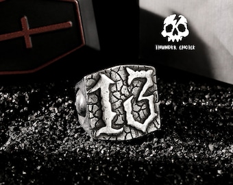 Vintage minimalist number 13 ring, gothic men's signet ring, unique biker ring, punk birthday gift, Christmas gift for him. Handmade jewelry