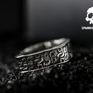 Silver Floral Pattern Ring - Men&#39;s Band Wave Pattern Ring - Geometric Vintage Ring - Men&#39;s Ring - Titanium Steel Engraved Ring