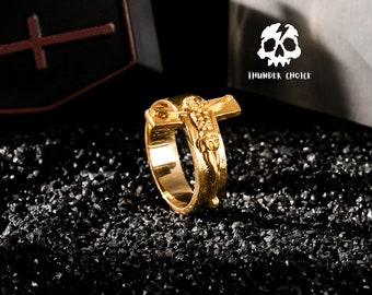 Vintage Jesus Cross Rings, Unique Birthday Gifts for Men, Gothic Ball Rings, Biker Everyday Rings, Christmas Gifts, Handmade jewelry