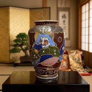 May include: A dark brown ceramic vase featuring a hand-painted figure with a blue headpiece and green robes. The design includes gold-colored outlines and accents, with a circular motif above the figure and swirling patterns at the base.