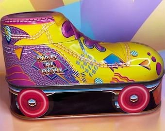 Vintage Rad N Roll Roller Skate Tin Bank | 1990s Neon Retro Coin Holder