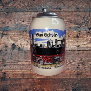 Vintage German Train Beer Stein, 0.5L Das Öchsle Museumsbahn Locomotive, Steam Engine Railway Souvenir with Alloy Lid, 6.25" Ceramic Stein