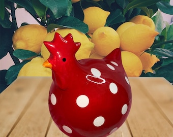 Red Polka Dot Ceramic Hen – 10" Farmhouse Kitchen Décor, Hand-Painted Chicken Figurine