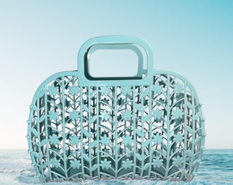 Pastel Blue Floral Lattice Jelly Purse – Retro 90s Market Tote Bag
