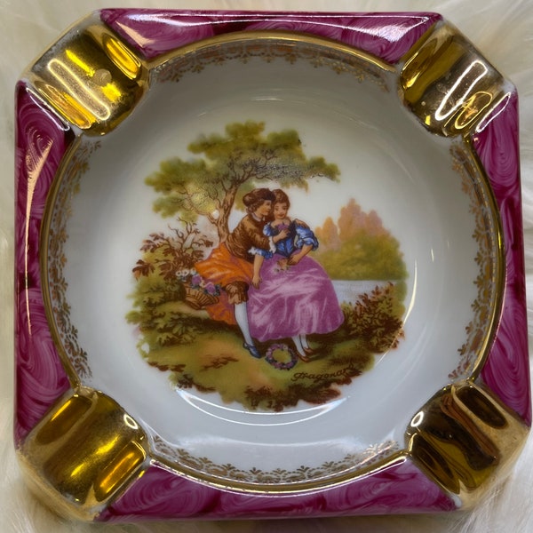 Limoge France, Fragonard, Courting Couple Ashtray.  Pink with Gold Trim, Stamped
