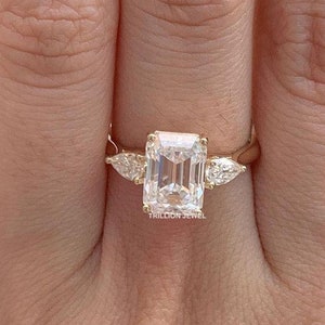 3 CT Smaragd-Schnitt-Trilogie, Smaragd-Drei-Stein-Ring, 14 Karat massives Gelbgold, Vergangenheit-Gegenwart-Zukunftsring Ehering, Jubiläumsgeschenk