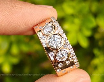Wide Diamond Band Ring for Women, Bezel Set Gold Ring, Modern Bubble Ring, Diamond Statement Band, Unique Wedding Ring