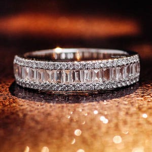 Baguette And Round Cut Moissanite Wedding Band, Half Eternity Baguette Cut wedding band, Unique Stacking Ring, Valentine Gift for Her