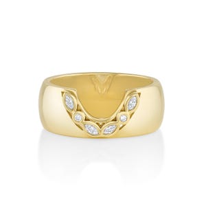 Cigar Wedding Band, U Shaped Ring, Bezel Diamond Unique Band 14K Gold Unique 8mm Wide Cut Out Design Thick Wedding Band Chevron Ring for Her