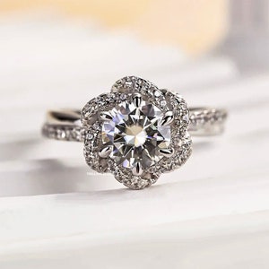 Anillo de compromiso con halo de flor de rosa, anillo de promesa con flor solitaria, anillo de boda trenzado, anillo de aniversario floral vintage, regalo para ella
