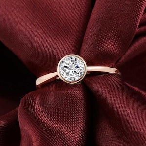Bezel Set Moissanite Engagement Ring / Round Moissanite Bezel Ring / Solid Gold Bezel Promise Ring / 1 CT Solitaire Engagement Ring