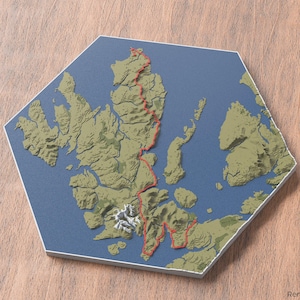 Mapa 3D de la ruta de senderismo de Skye / Isla de Skye, Escocia / Mapa artístico de rutas de senderismo / Decoración paisajística de naturaleza escénica / Ruta de senderismo de larga distancia en Escocia
