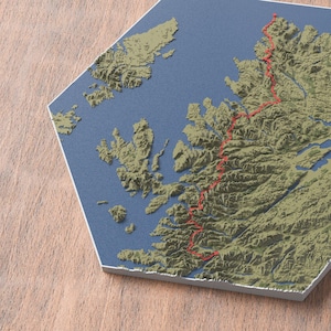 Arte mural con mapa 3D de Cape Wrath Trail / Grandes senderos de Escocia / Ilustraciones de rutas de senderismo / Decoración rústica de las Tierras Altas de Escocia / Celebre su viaje