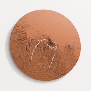 Circle outline, copper colour variant hangs on wall, the trail is silky white.