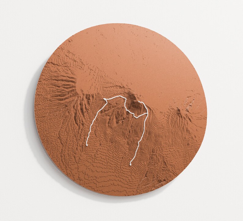 Circle outline, copper colour variant hangs on wall, the trail is silky white.