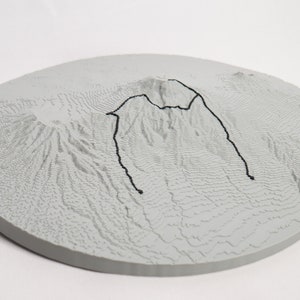 Mount Kilimanjaro Machame Route 3D Togographic map lays on white surface, wide angle perspective view.