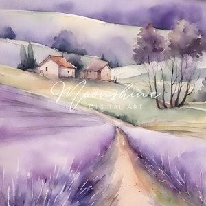 Digital Download Lavender Fields Watercolour Art | Soothing home decor. Relaxing landscape. Fine digital art. Beautiful painting.