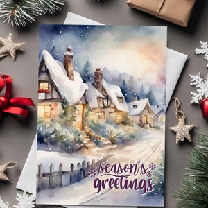 Set di 3 cartoline di Natale digitali ad acquerello / cottage invernali. Auguri di buon Natale. Paesaggio da sogno. Gioia del Natale. Scaricamento digitale.