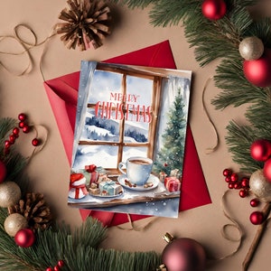 Set di 3 cartoline di Natale digitali ad acquerello/finestra invernale. Auguri di buon Natale. Cioccolata calda. Gioia del Natale. Scaricamento digitale.