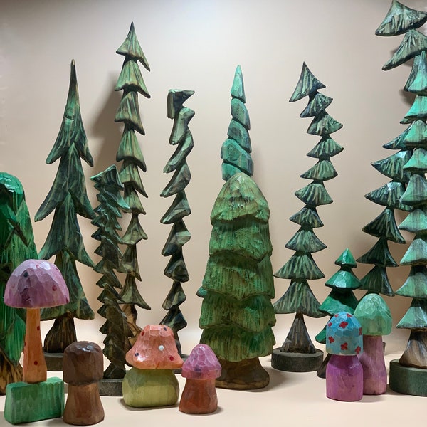 Hand Carved Magical Forest- Trees and Mushrooms