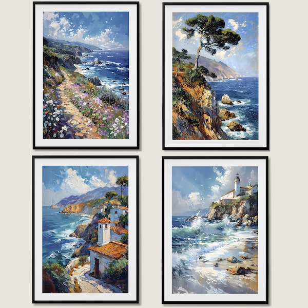 Set of 4 California Coastal Prints, California Seascape Prints, Ocean Wall Decor, Ocean Art Print, California Beach Print, Instant Download