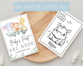 Baby's First ABC Book, Baby Shower Activity, Printable Alphabet Coloring Book Pages, First Birthday Gift, Guest Book, Safari Animals Baby