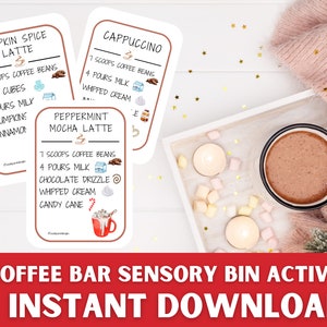 Cartes de recettes de café, Corbeille sensorielle d'hiver, Chocolat chaud, Hiver, Coffee Shop, Activité pour tout-petits, Corbeille sensorielle