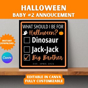 Anúncio do bebê nº 2 | Irmã/irmão mais velho Halloween | Modelo de anúncio do bebê | Editar no Canva | Cartão de bebê | Download digital para impressão